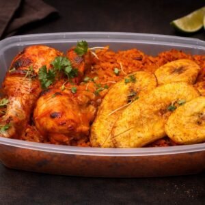 Jollof rice, plantain with sauced chicken