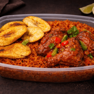 Jollof rice, plantain with sauced turkey