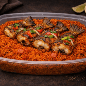 Jollof rice with fried croaker fish