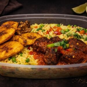Nigerian fried rice with sauced beef