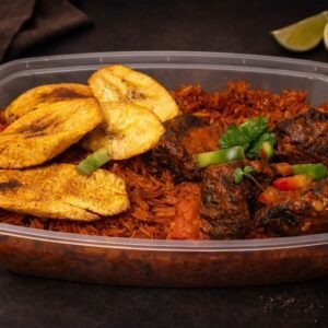 Jollof rice, plantain with sauced beef